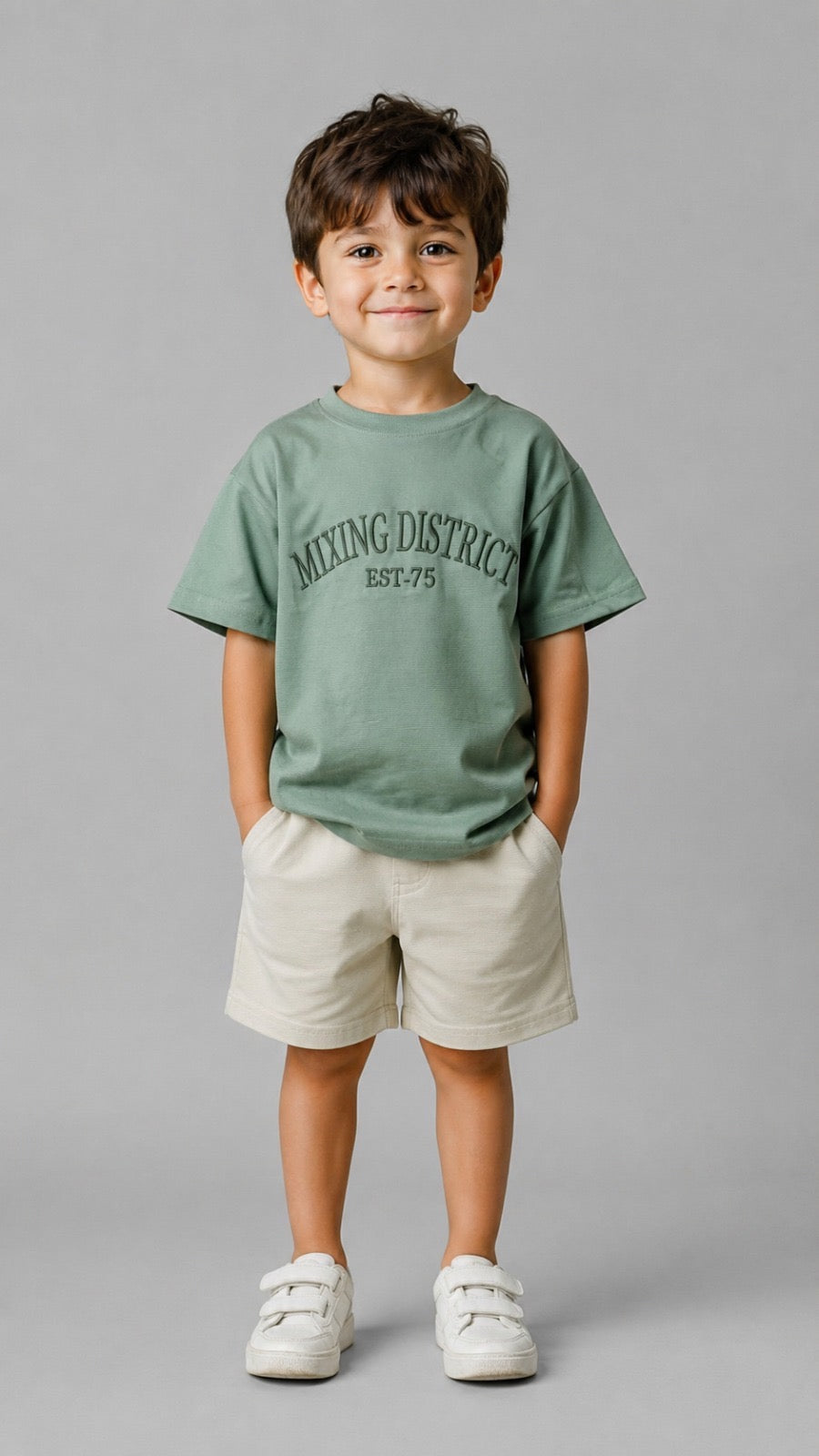Boys Embossed Graphic T-Shirt – Soft Cotton Casual Crew Neck Tee in Sage Green
