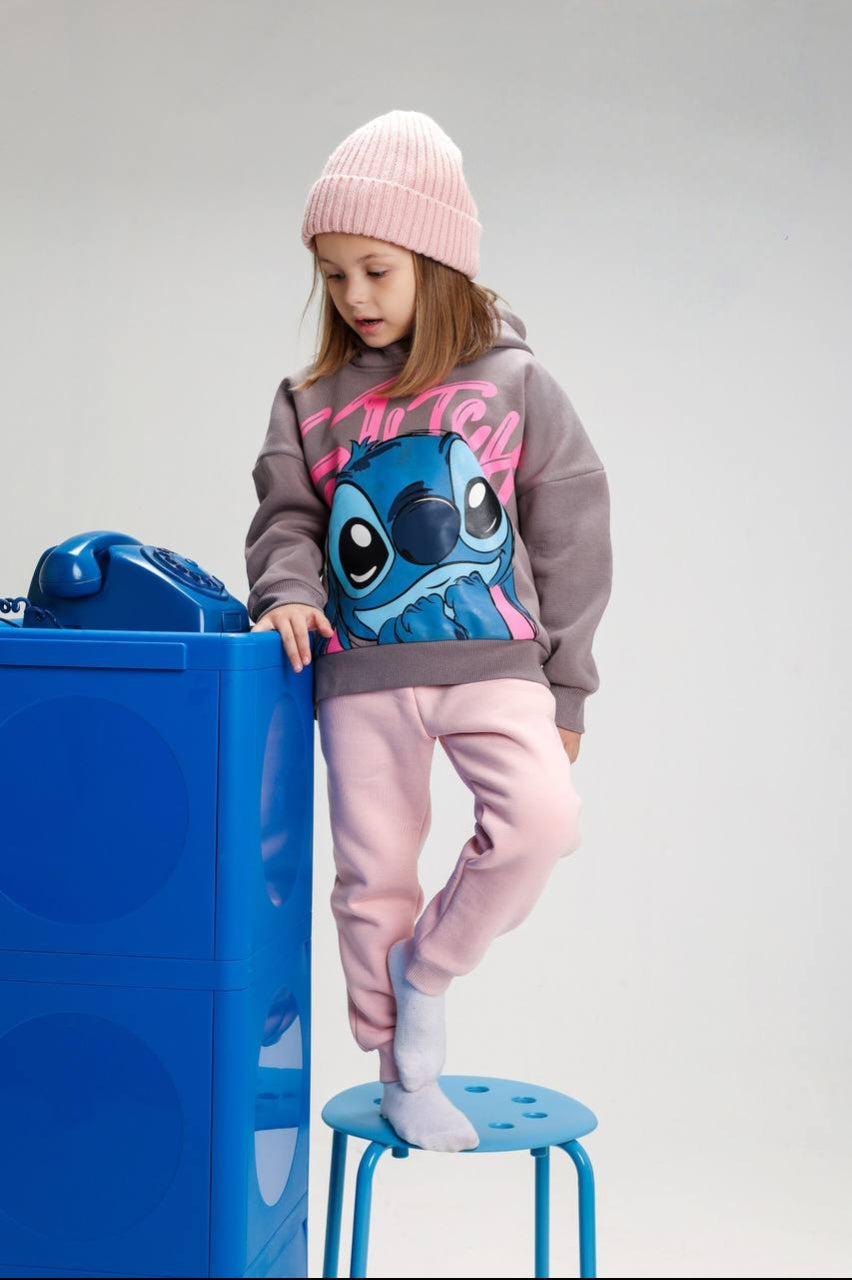 Girls’ Stitch Hoodie & Jogger Set – Pink & Grey Disney 2-Piece Tracksuit