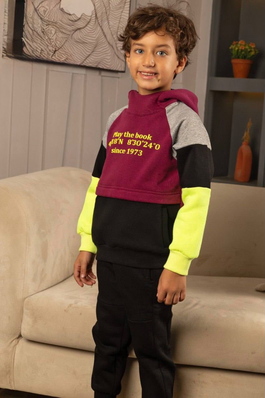 Boys’ Color-Block Hoodie & Jogger Set – Burgundy, Black & Neon Yellow 2-Piece Outfit