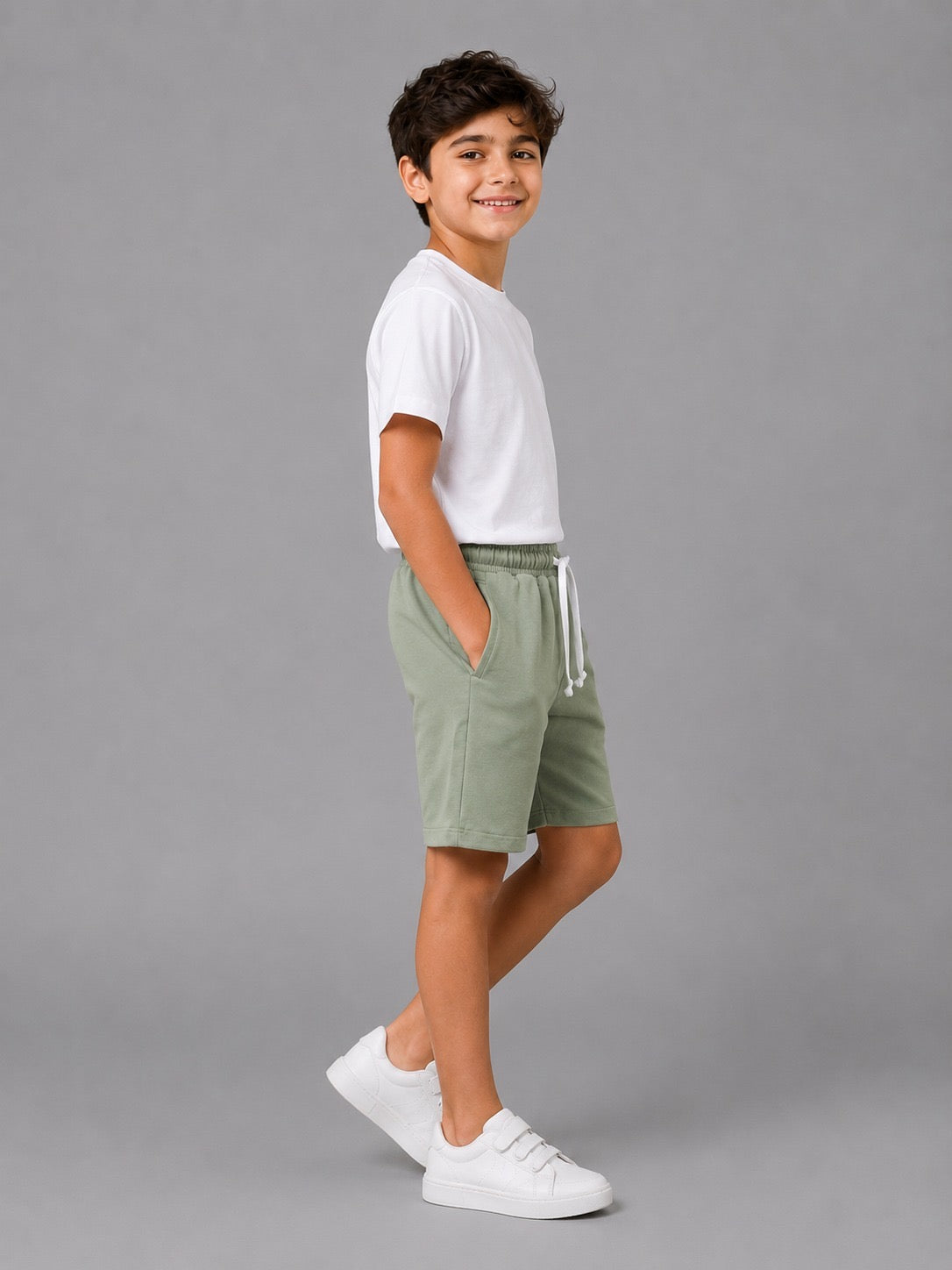 Boys Cotton Fleece Sweat Shorts – Elastic Waist Casual Summer Shorts in Sage Green