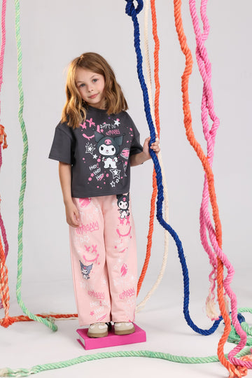 Girls Summer Pajama Set – Charcoal Graphic T-Shirt & Pink Printed Pants