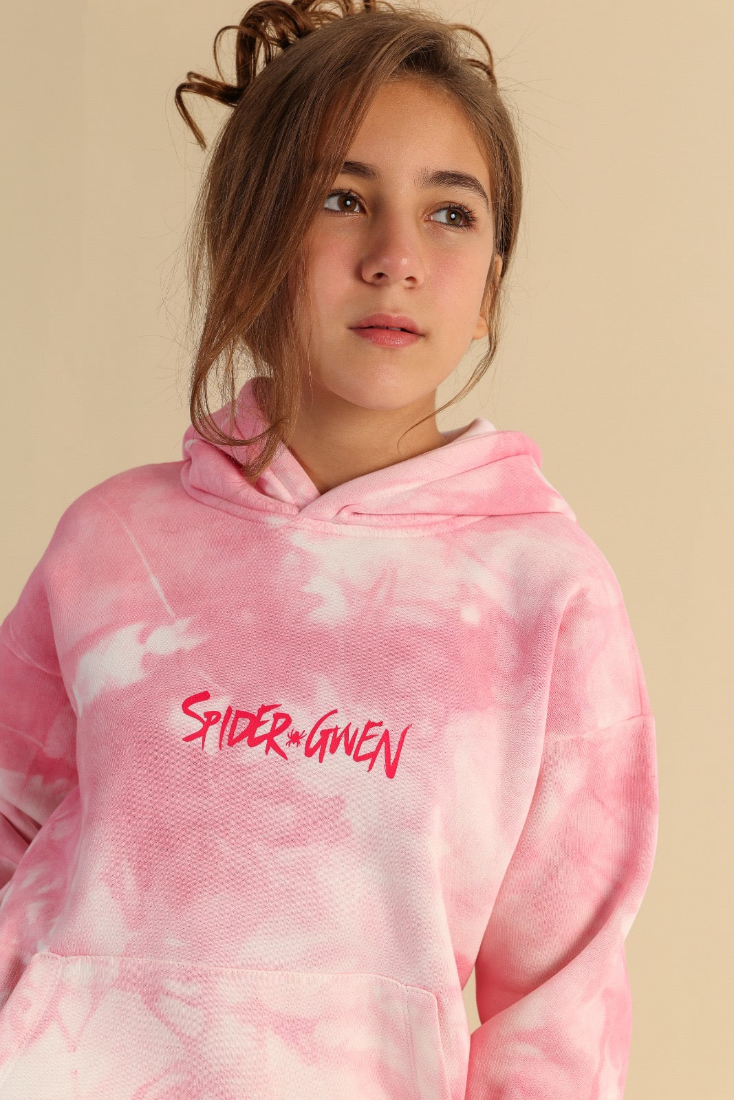 Girls’ Pink Tie-Dye Spider-Gwen Hoodie – Casual Long-Sleeve Pullover Sweatshirt