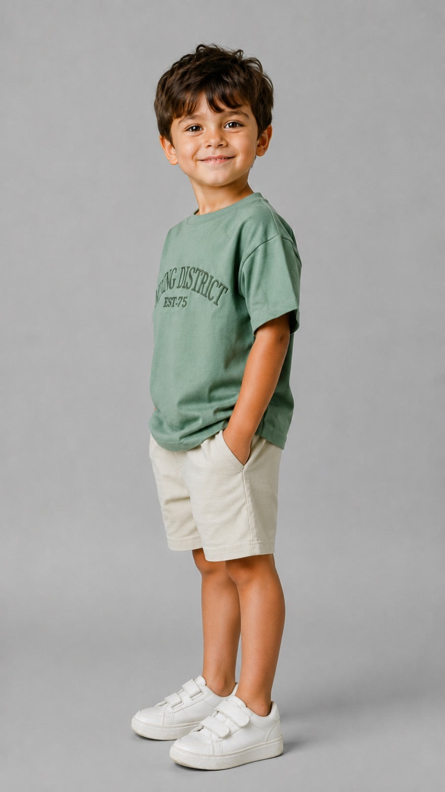 Boys Embossed Graphic T-Shirt – Soft Cotton Casual Crew Neck Tee in Sage Green