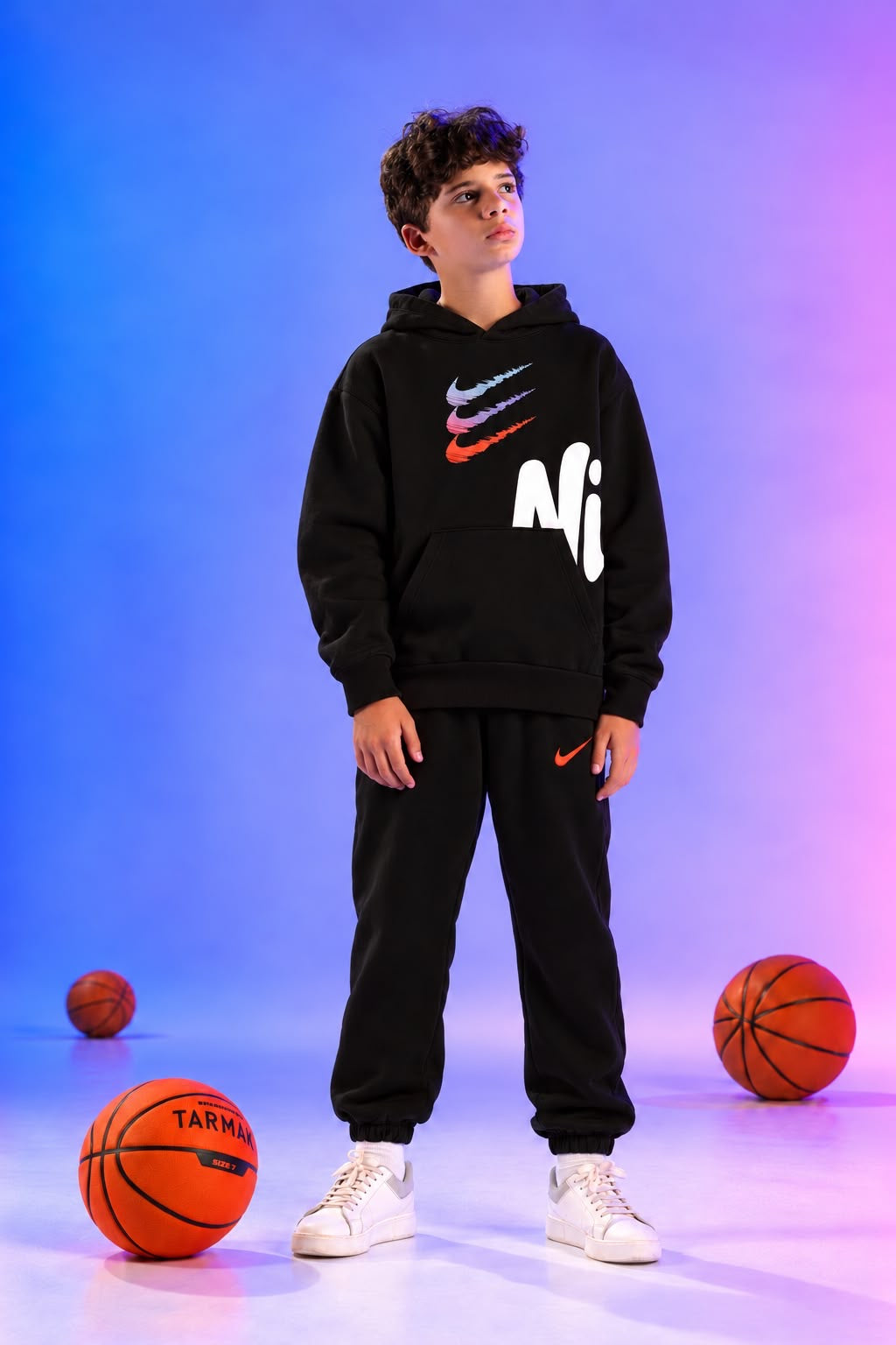 Boys’ Black Nike-Style Hoodie and Jogger Set with Multicolor Graphic Print