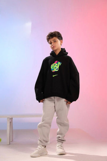 Boys’ Black Graphic Hoodie & Beige Jogger Set – Colorful Streetwear 2-Piece Outfit