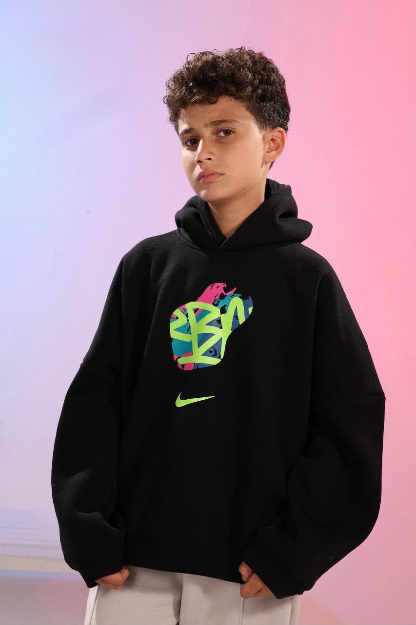 Boys’ Black Graphic Hoodie & Beige Jogger Set – Colorful Streetwear 2-Piece Outfit