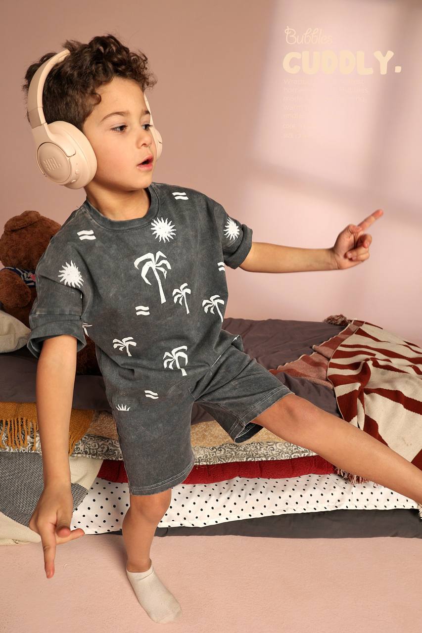 Boys Summer Pajama Set – Grey Printed T-Shirt & Matching Shorts