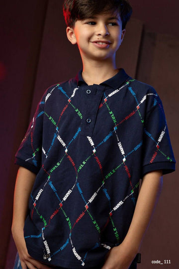 Boys Geometric Print Henley T-Shirt – Navy Short Sleeve Casual Cotton Tee