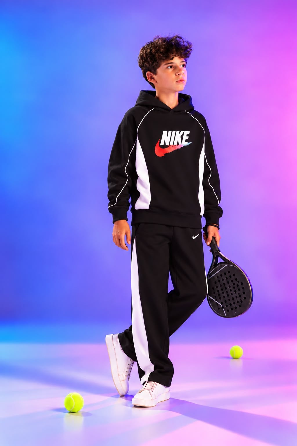 Boys’ Black and White Hooded Tracksuit Set – Sporty Sweatshirt and Jogger Pants