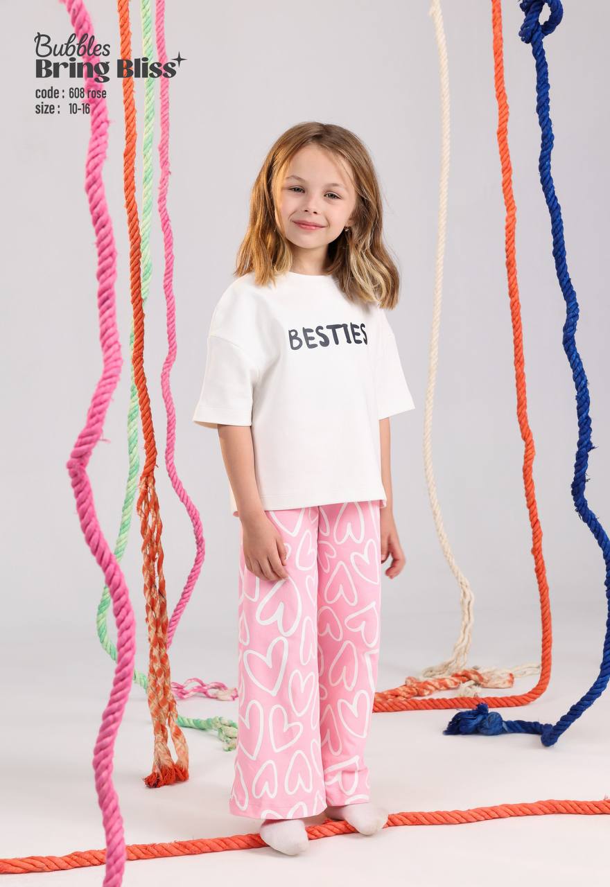 Girls Summer Pajama Set – White Graphic T-Shirt & Pink Printed Pants