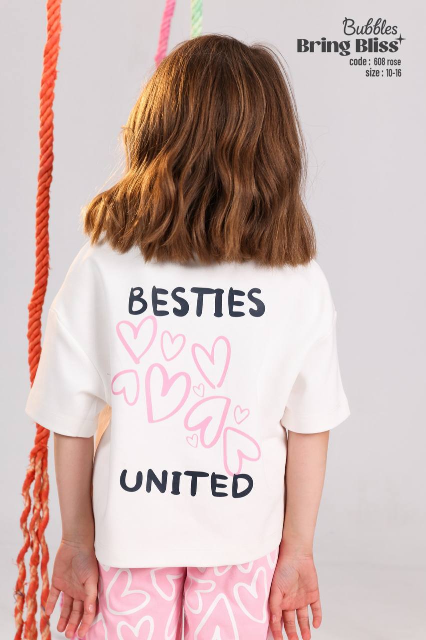 Girls Summer Pajama Set – White Graphic T-Shirt & Pink Printed Pants