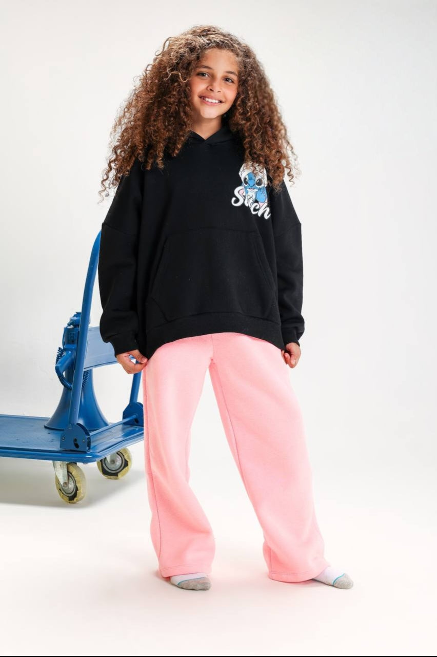 Girls’ Black Stitch Graphic Hoodie – Oversized Fit with Front Kangaroo Pocket