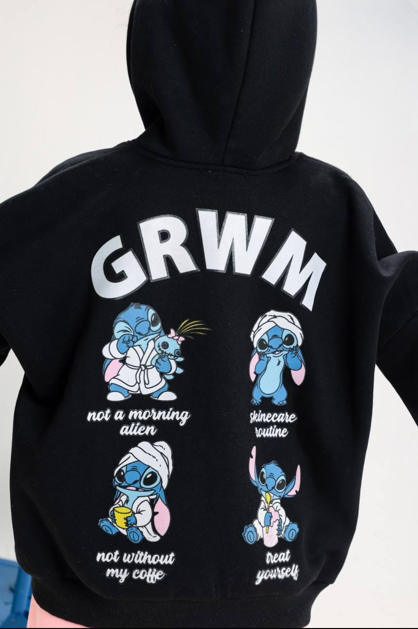 Girls’ Black Stitch Graphic Hoodie – Oversized Fit with Front Kangaroo Pocket