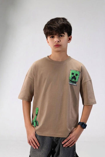 Boys Oversized Minecraft-Inspired Graphic T-Shirt – Casual Cotton Crew Neck Tee