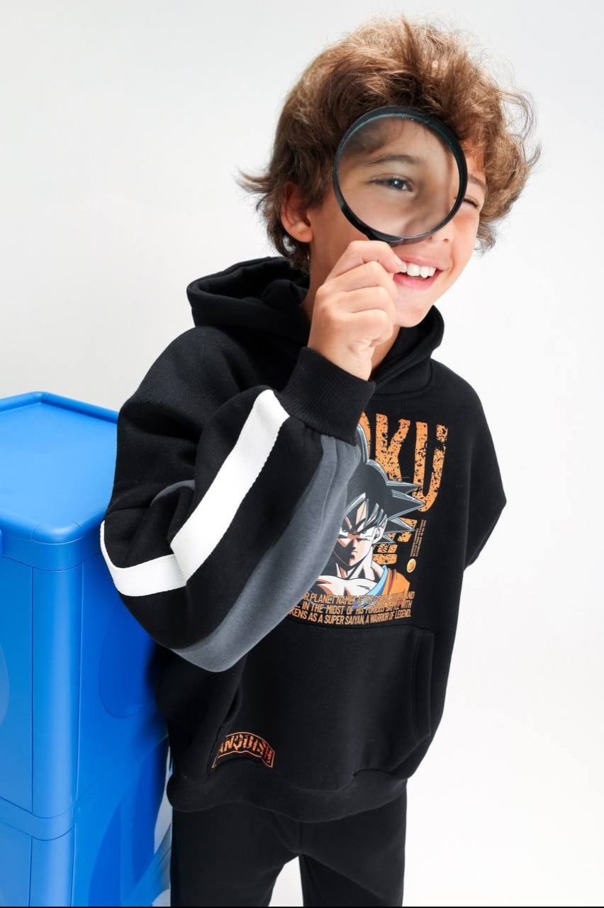 Boys’ Dragon Ball Graphic Hoodie & Jogger Set – Black Anime Tracksuit