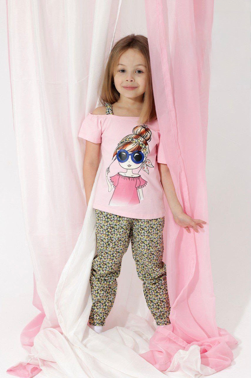 Girls Short Sleeve Pajama Set – Pink Graphic T-Shirt & Printed Leggings Sleepwear