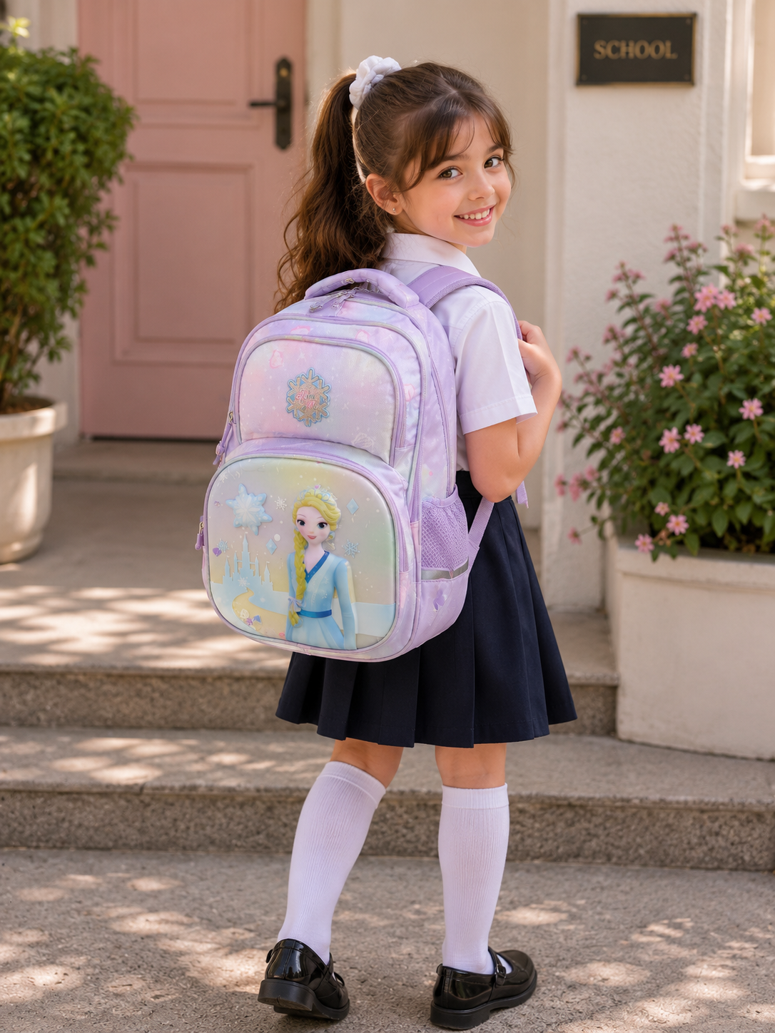 Girls’ Frozen School Backpack – 3-Compartment Pink & Purple Kids Backpack