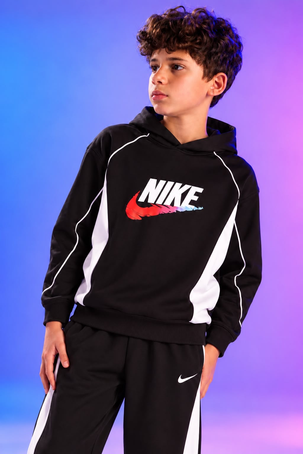 Boys’ Black and White Hooded Tracksuit Set – Sporty Sweatshirt and Jogger Pants