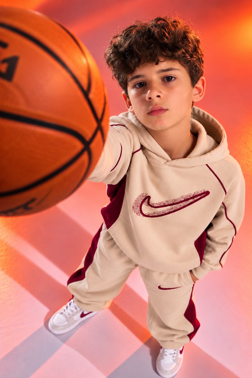 Boys’ Beige and Burgundy Color Block Hoodie & Jogger Tracksuit Set