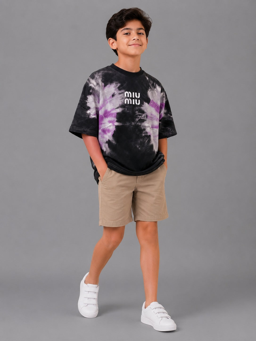 Boys Oversized Tie-Dye Graphic T-Shirt – Casual Cotton Crew Neck Tee in Black & Purple