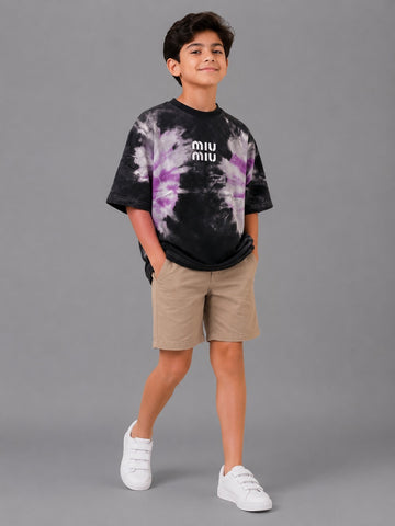 Boys Oversized Tie-Dye Graphic T-Shirt – Casual Cotton Crew Neck Tee in Black & Purple