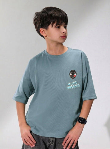 Boys Oversized Graphic T-Shirt – Dusty Blue Short Sleeve Casual Cotton Tee