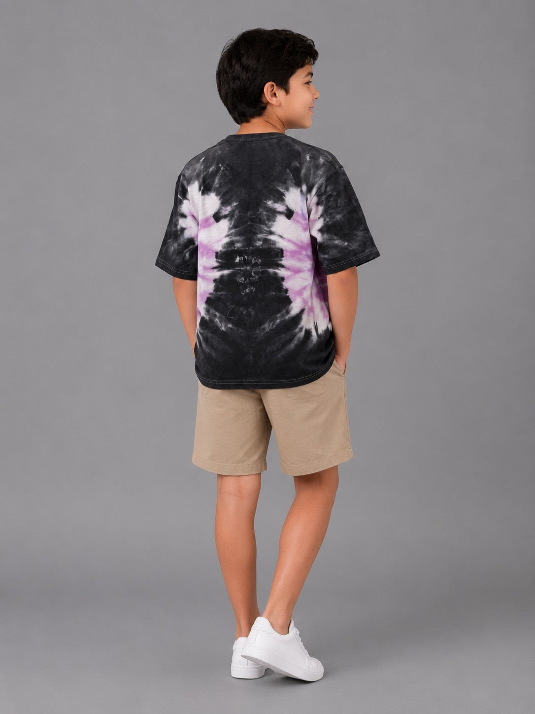 Boys Oversized Tie-Dye Graphic T-Shirt – Casual Cotton Crew Neck Tee in Black & Purple