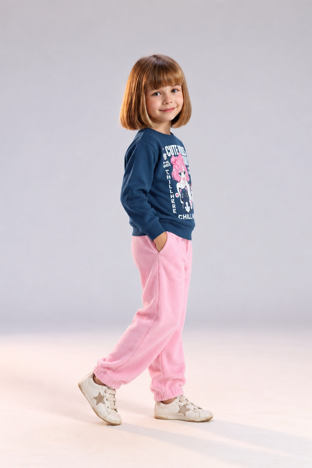 Girls’ Navy Graphic Sweatshirt & Pink Jogger Pants Set – Cute Casual Kids’ Outfit