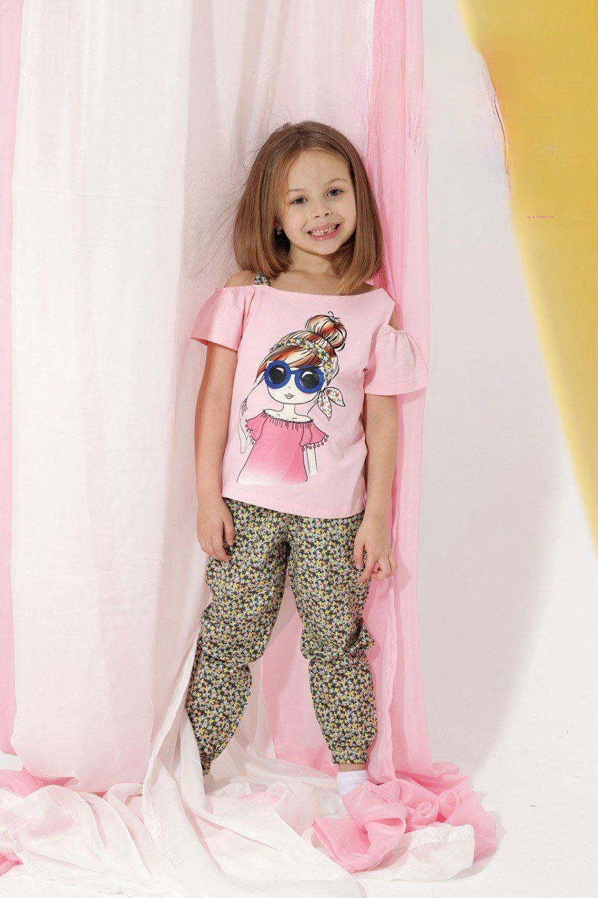 Girls Short Sleeve Pajama Set – Pink Graphic T-Shirt & Printed Leggings Sleepwear