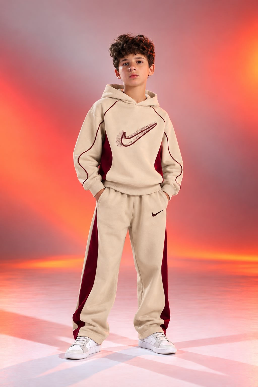 Boys’ Beige and Burgundy Color Block Hoodie & Jogger Tracksuit Set