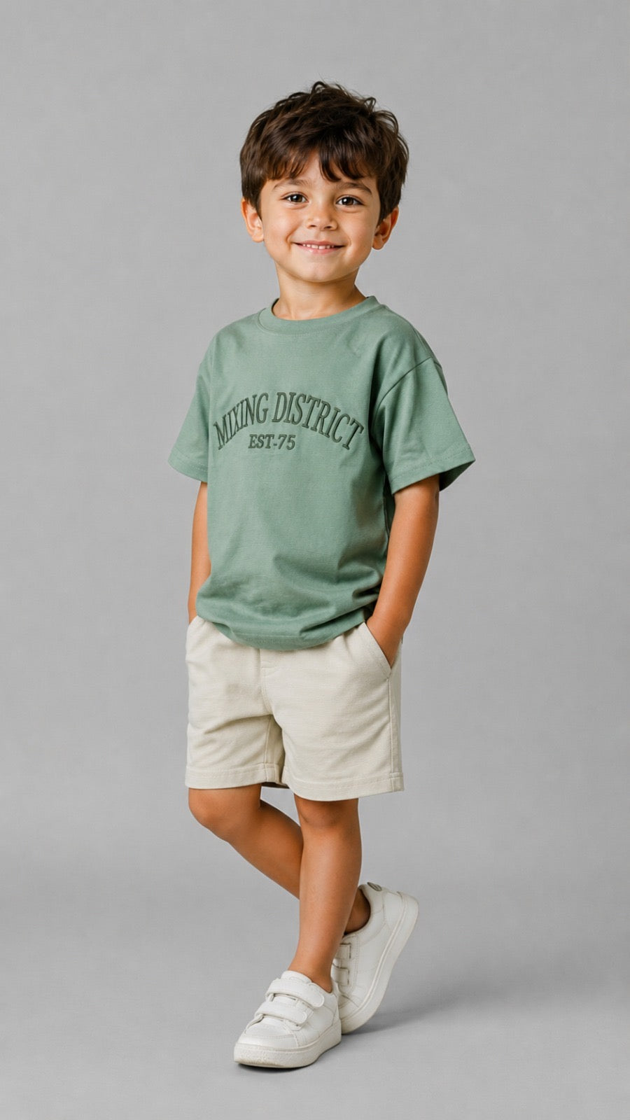 Boys Embossed Graphic T-Shirt – Soft Cotton Casual Crew Neck Tee in Sage Green