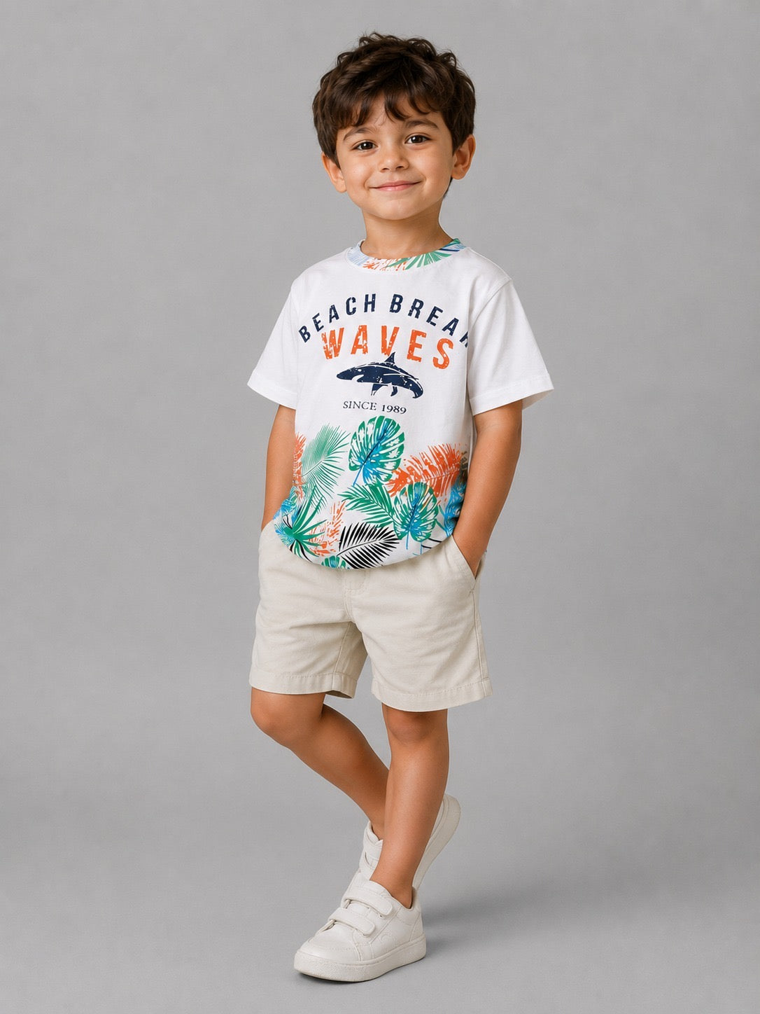 Boys Tropical Graphic T-Shirt – Beach Waves Cotton Summer Tee in White