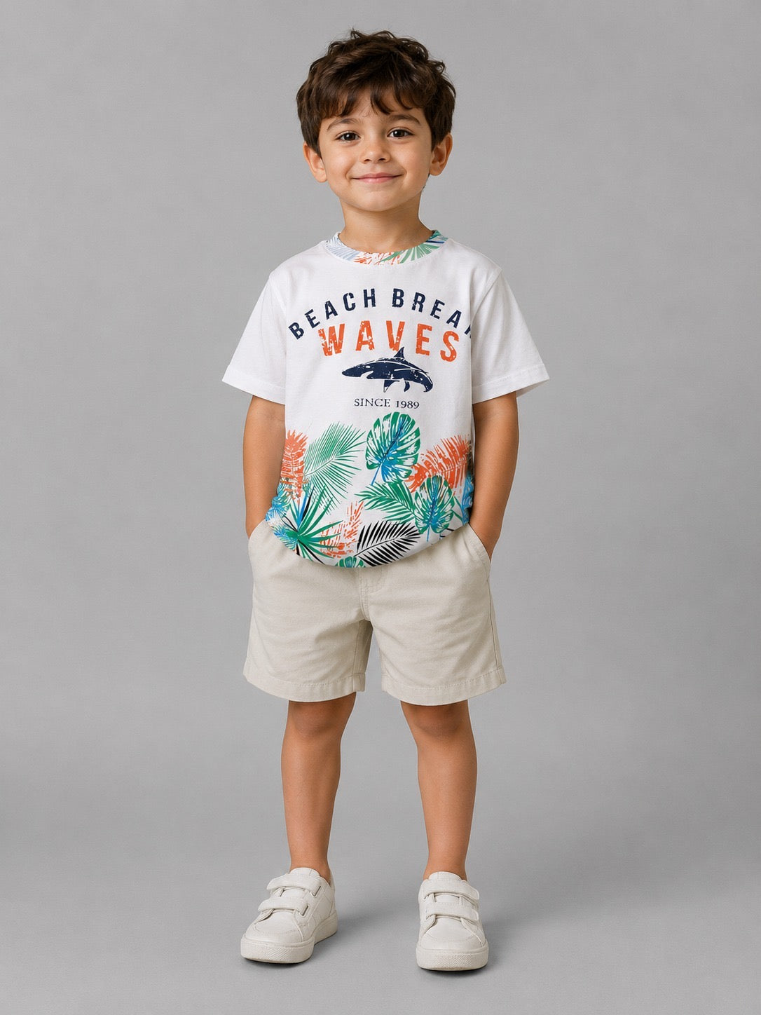 Boys Tropical Graphic T-Shirt – Beach Waves Cotton Summer Tee in White
