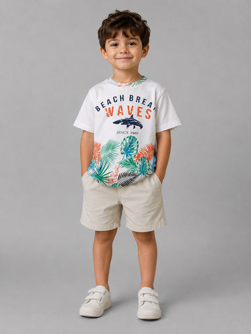 Boys Tropical Graphic T-Shirt – Beach Waves Cotton Summer Tee in White