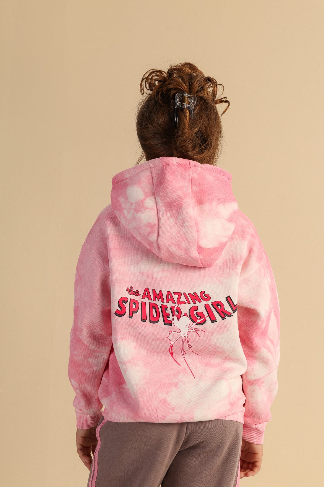 Girls’ Pink Tie-Dye Spider-Gwen Hoodie – Casual Long-Sleeve Pullover Sweatshirt