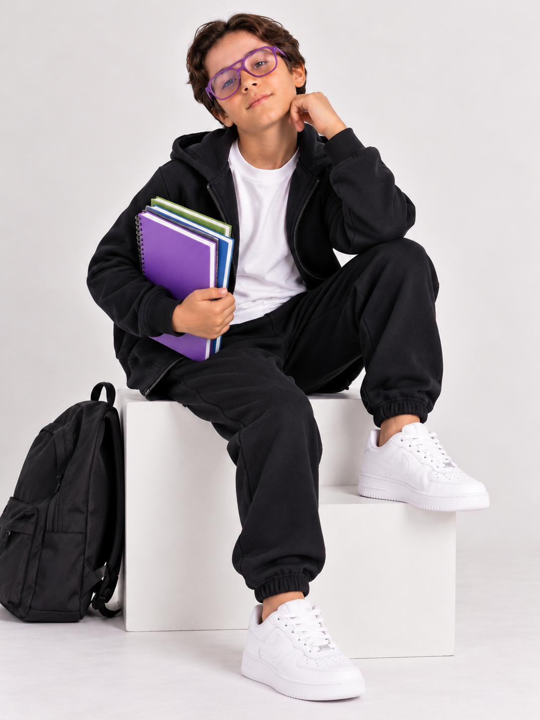 Boys’ Black School Hoodie – Zip-Up Hooded Sweatshirt with Front Pockets