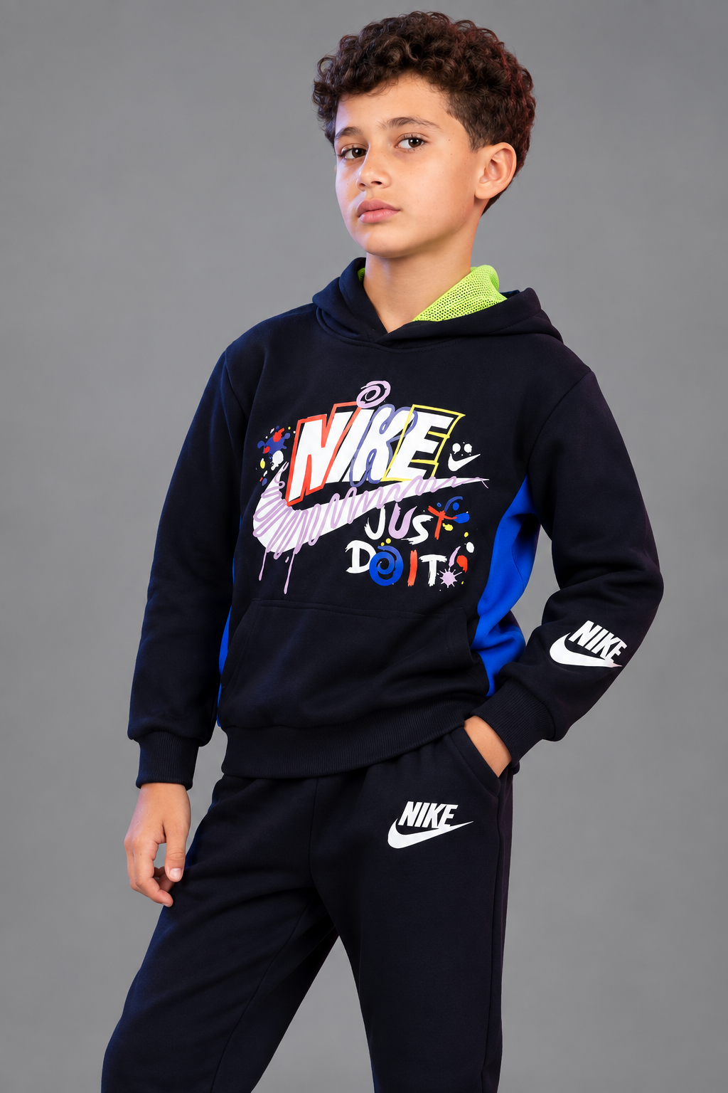 Kids Nike Graphic Hoodie & Jogger Set – Black and Neon Green