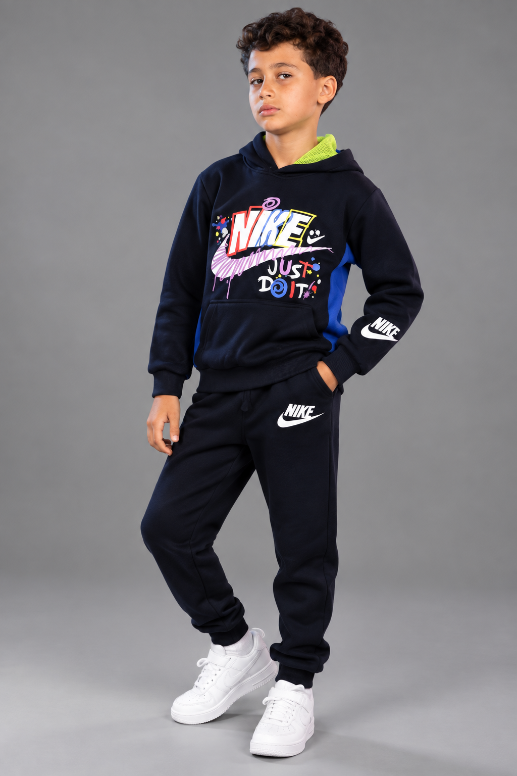 Kids Nike Graphic Hoodie & Jogger Set – Black and Neon Green