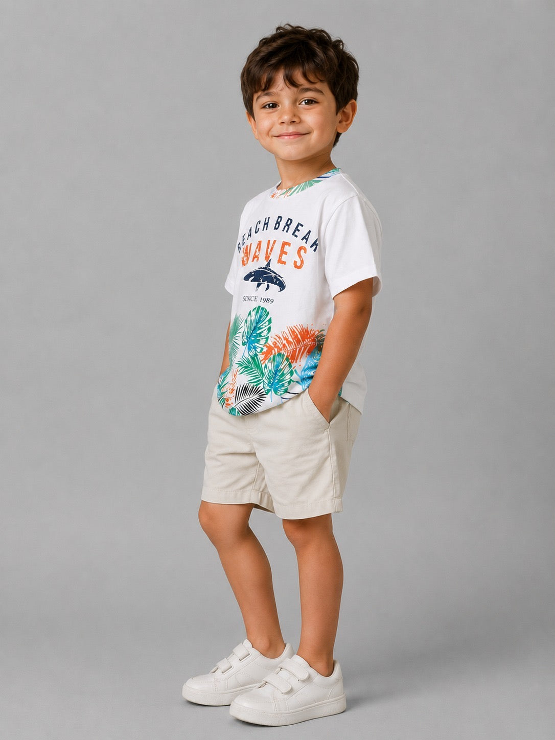 Boys Tropical Graphic T-Shirt – Beach Waves Cotton Summer Tee in White