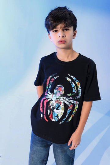 Boys Black Spider Art Graphic T-Shirt – Casual Short Sleeve Cotton Tee