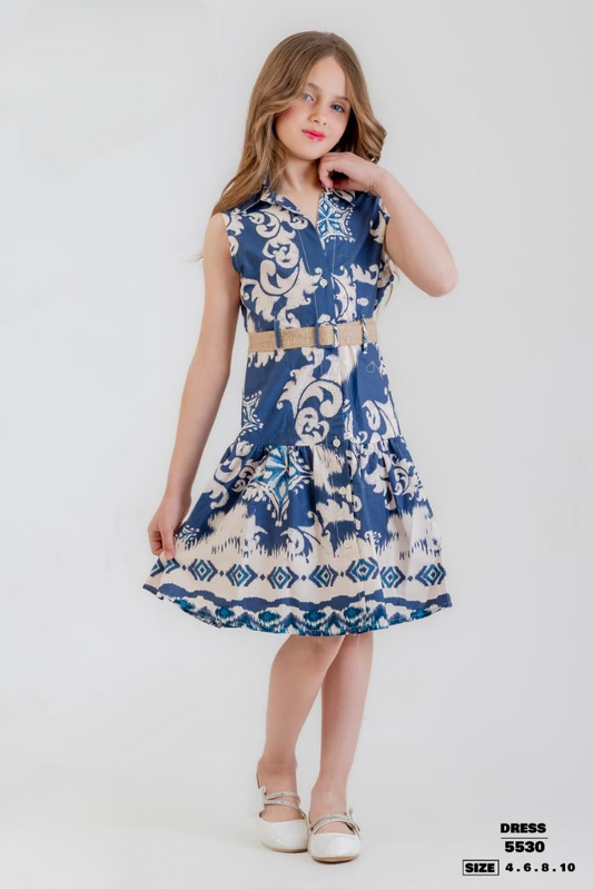 Girls’ Sleeveless blue & Beige Printed Dress with Gold Belt