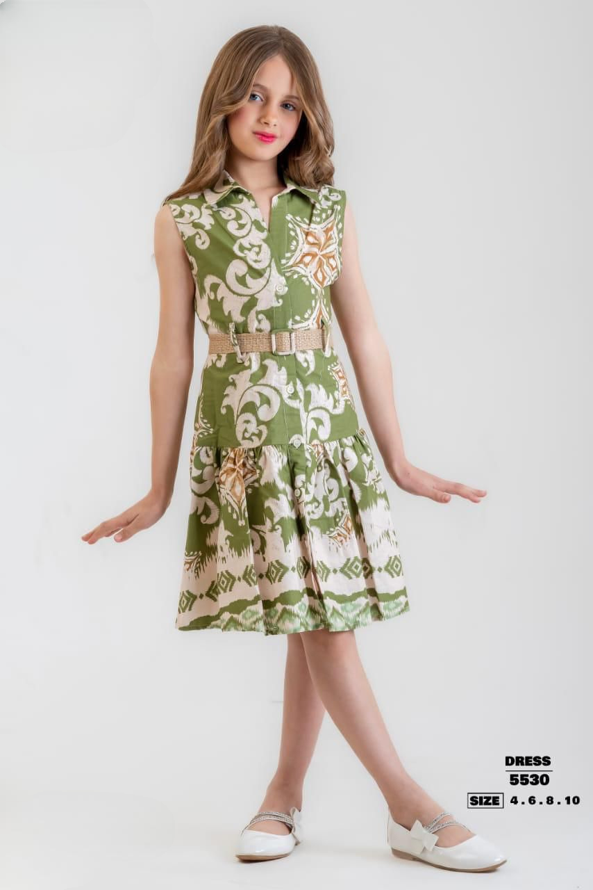 Girls’ Sleeveless green & Beige Printed Dress with Gold Belt