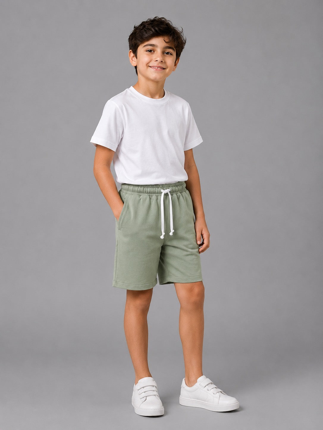 Boys Cotton Fleece Sweat Shorts – Elastic Waist Casual Summer Shorts in Sage Green