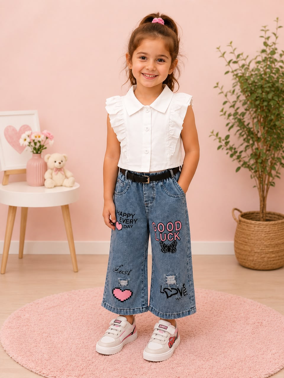 Girls Graphic T-Shirt & Denim Skirt Set – White Summer Casual Outfit (Copy)