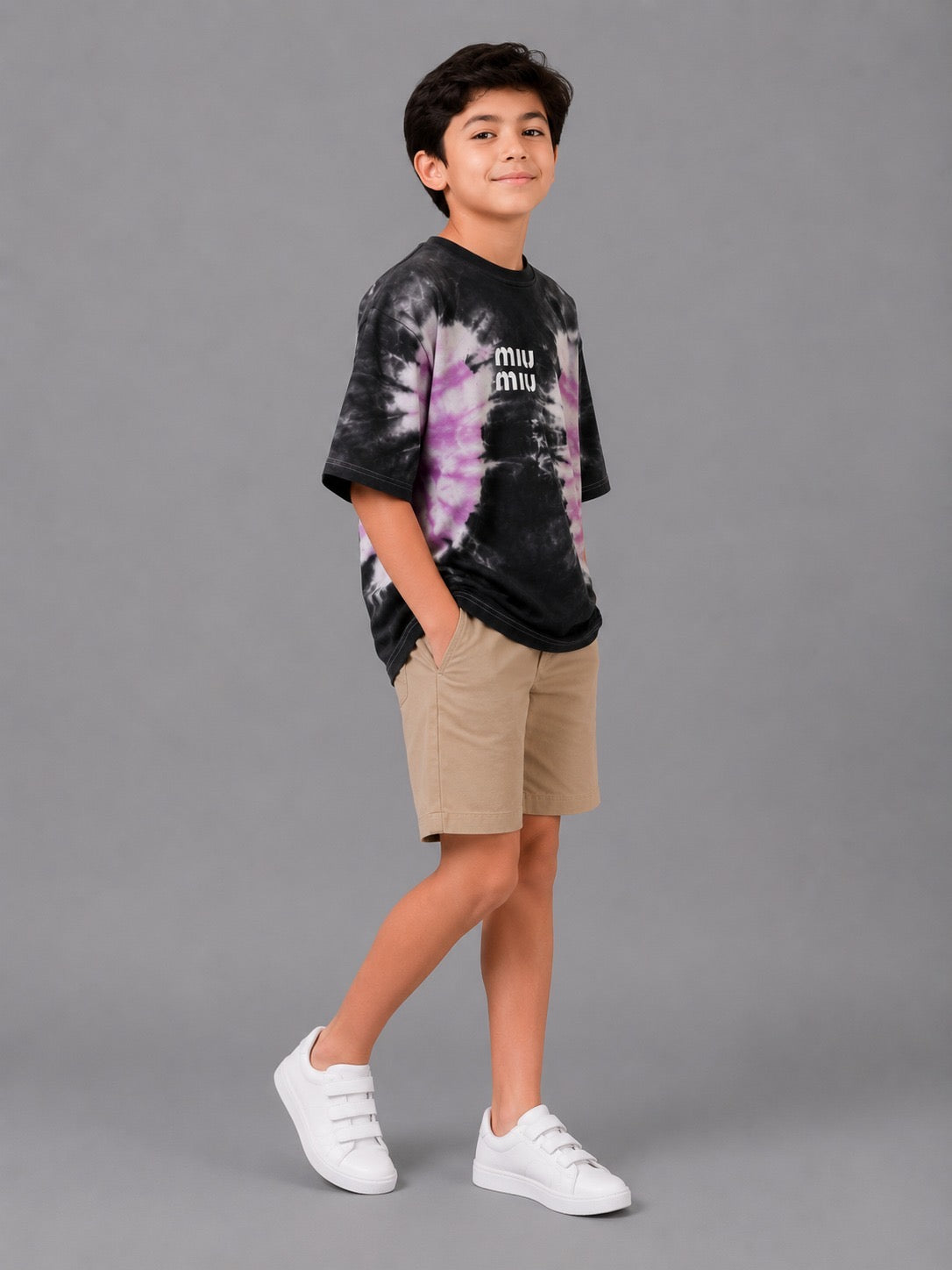 Boys Oversized Tie-Dye Graphic T-Shirt – Casual Cotton Crew Neck Tee in Black & Purple