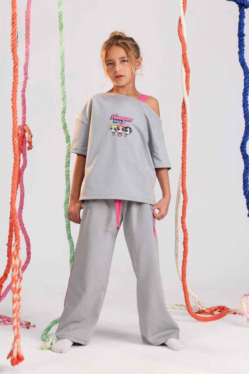 Girls Powerpuff Girls Printed Lounge Set – Off-Shoulder Top & Wide-Leg Pants (Ages 10–16)