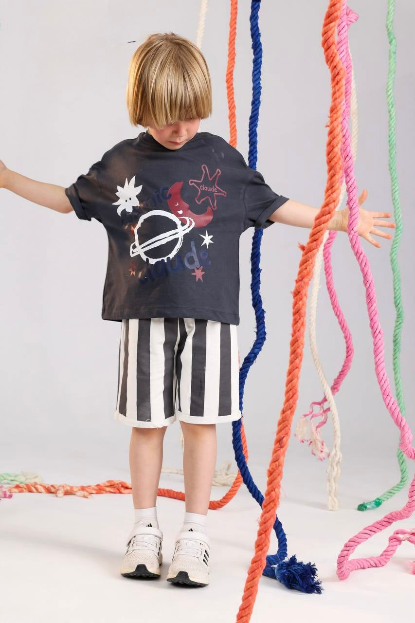 Boys Galaxy Summer Pajama Set – Navy Graphic T-Shirt & Striped Shorts