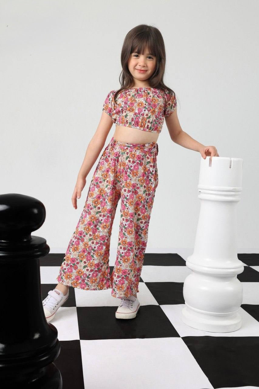 Girls Floral Crop Top & Wide-Leg Pants Set – Multicolor Summer Outfit