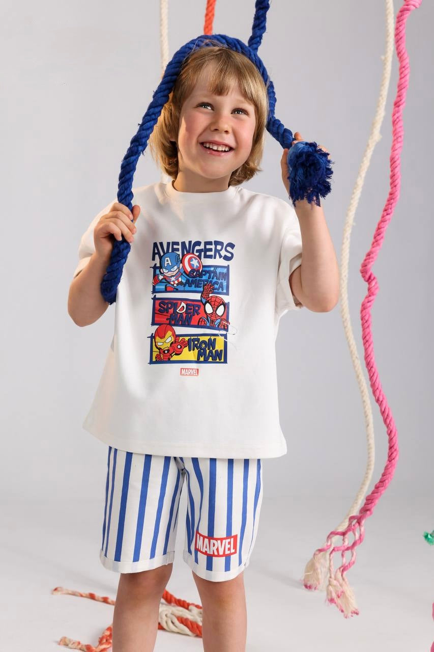 Kids Avengers Summer Outfit Set – White Graphic T-Shirt & Striped Shorts for Boys