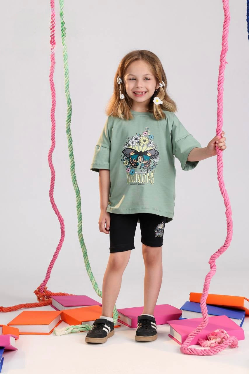 Girls Butterfly Graphic T-Shirt & Biker Shorts Set – Soft Cotton Outfit (Ages 2–10)